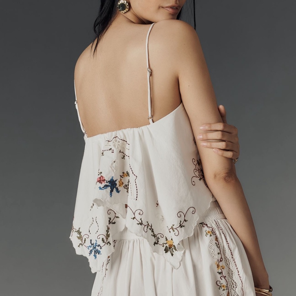 Anthropologie Hanky Crop Cutwork Tank Colorful Embroidery White SIZE XL NEW - Picture 2 of 10